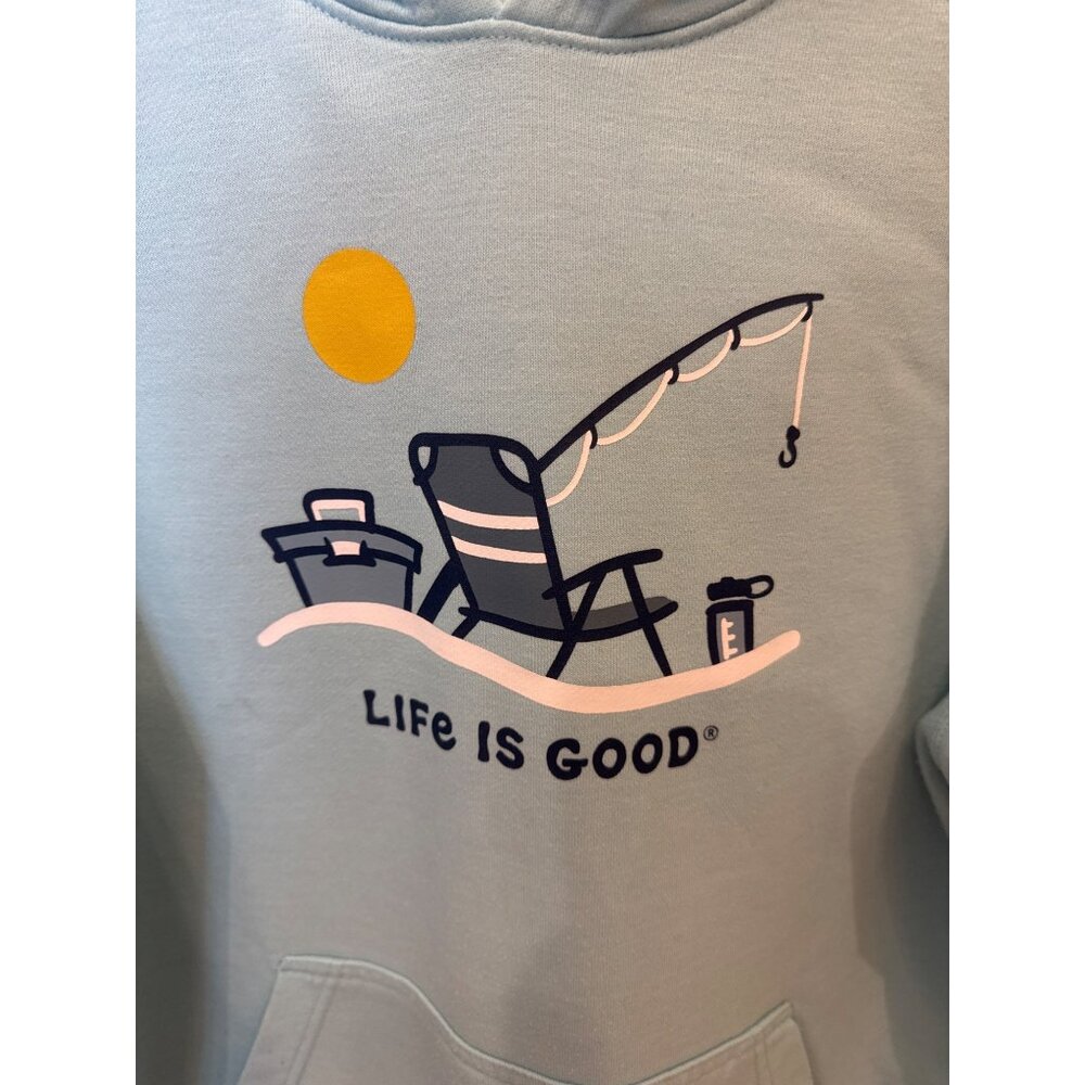 Life Is Good M Beach Blue Hoodie Sweatshirt Front Pocket & Fishing Graphic Lake - Picture 11 of 11